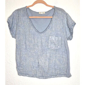 TG.U Top Womens Large Blue Cotton Linen Embroidered Sequin Lagenlook Italy Boxy